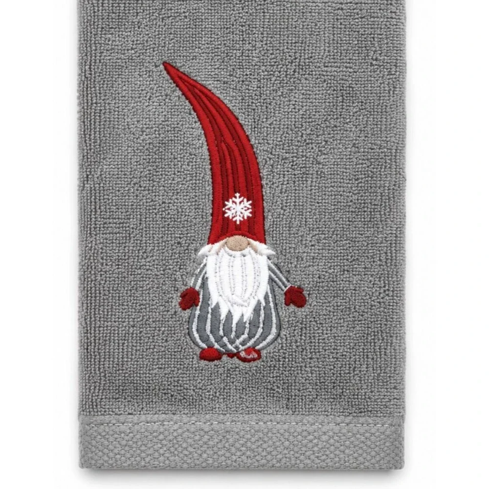 Christmas Gnome Hand Towels Set of 2 Embroidered Gray Holiday Bathroom 16x28